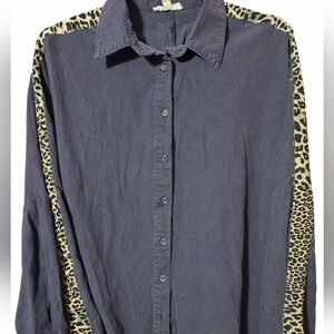 Easel Womens Oversized Navy Shirt Leopard Print Sleeves Sz Large